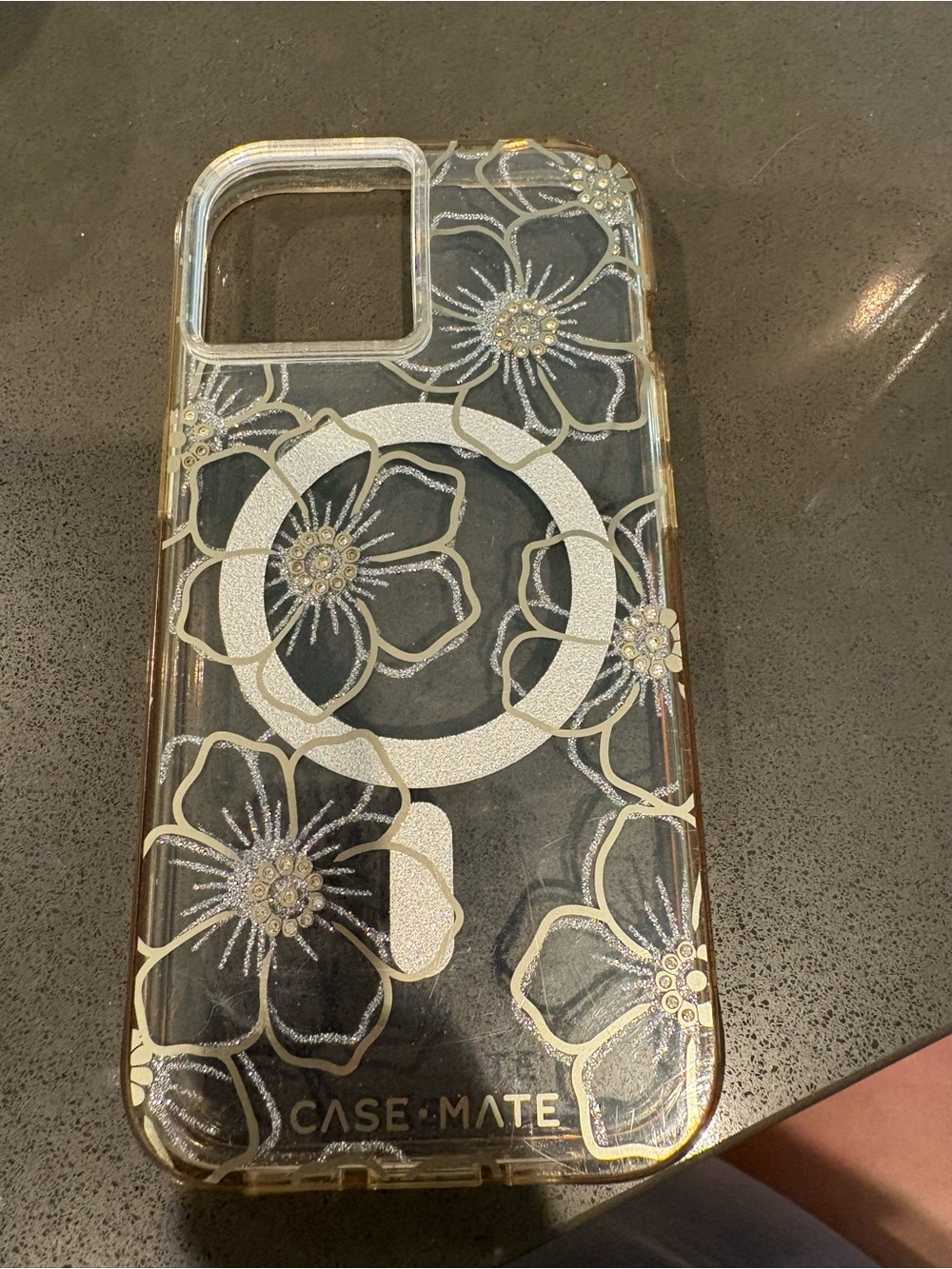 case-mate Clear Floral Glitter Phone Case with Gold Accents and Ring